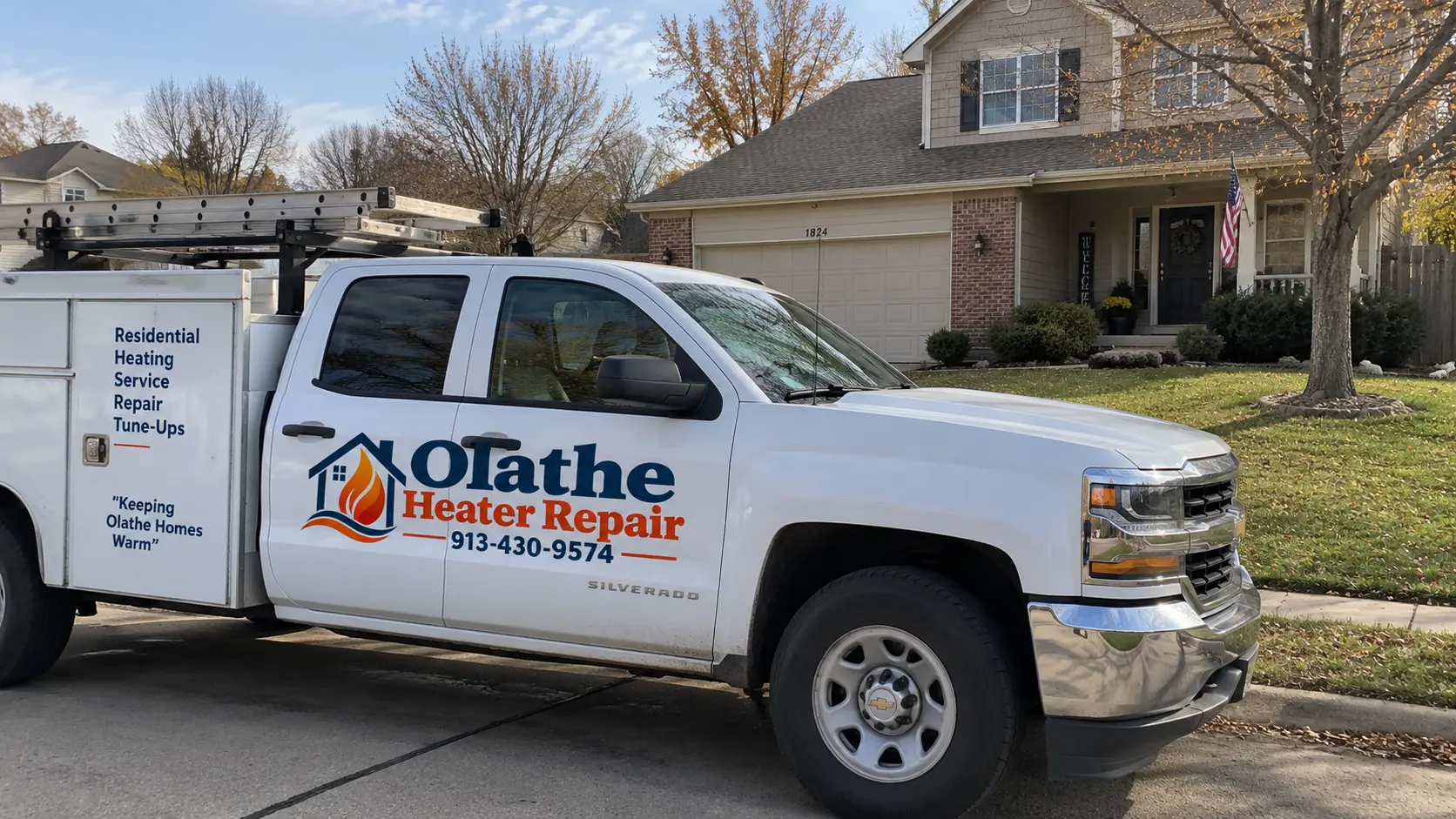 Olathe Heater Repair service truck parked in front of a residential home in Olathe, Kansas