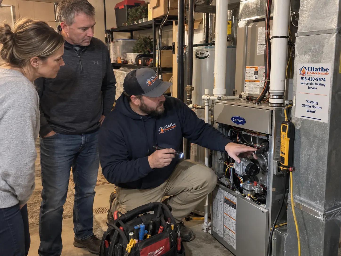Heating technician using a flashlight to inspect the burner area of a Carrier furnace while homeowners watch